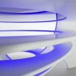 Close-up of the Apollo coffee table's central support, curved white layers and blue glass edges.
