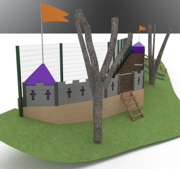 Side view of the castle-themed Kingfishers playground design