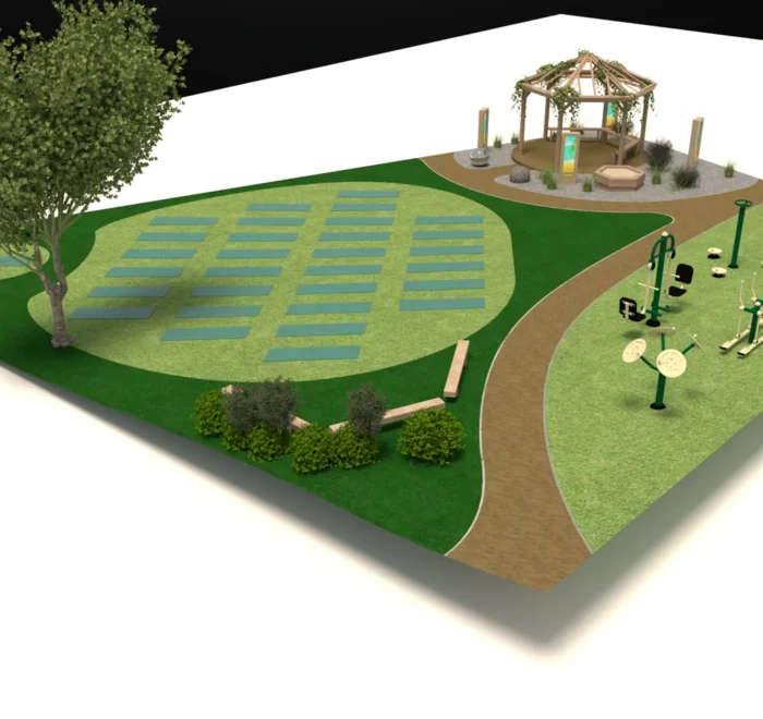 Visualisation of the landscaped outdoor space at Kingsclere Primary, with a shelter and exercise area