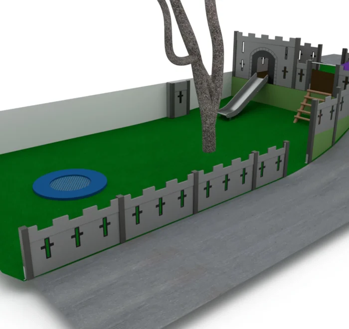 Visualisation of a castle-themed play area with a slide and sunken trampoline