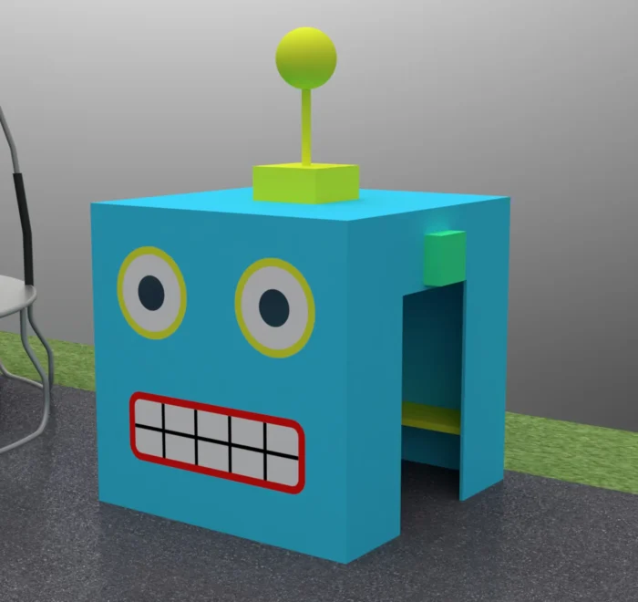 Visualisation of a blue robot-themed playhouse
