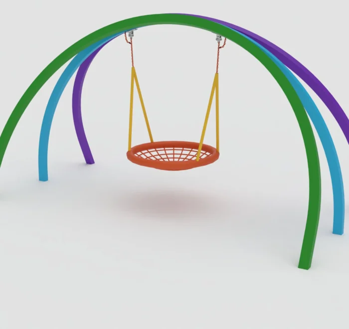Visualisation of a basket swing suspended beneath colourful curved supports